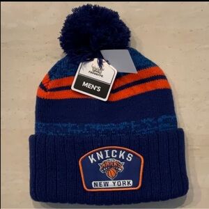 NY Knicks Men’s Pom Knit Hat Cuffed Logo Patch Blue Orange NBA Basketball